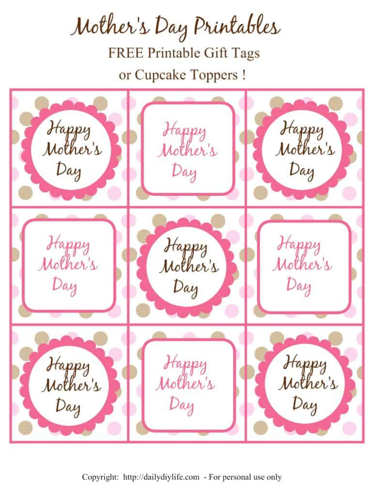 Mother's Day FREE Printable Gift Tags or Cupcake Toppers | DailyDIYLife.com