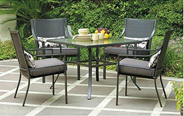 5 piece Patio set in gray. Seats 4 and includes a tempered glass table top.
