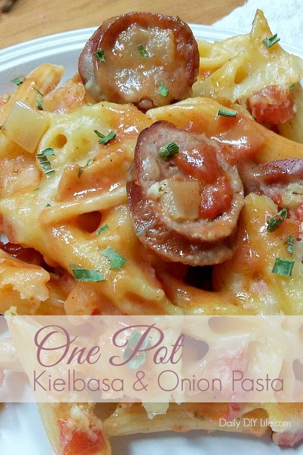 One Pot Meal! Kielbasa and Onion Pasta. Meaty kielbasa paired with a delicious cream sauce and penne pasta comes together in just 30 minutes. A hearty meal perfect for any weeknight dinner.