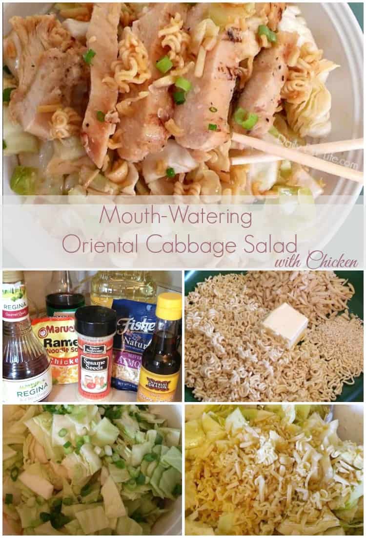 My favorite Summer Salad! This Mouth-Watering Oriental Cabbage Salad with Chicken is perfect for those hot summer nights! Fresh Nappa Cabbage, crunch almonds and ramen noodles, all tossed in a sweet and tangy oriental dressing. This one is a crowd pleaser! 