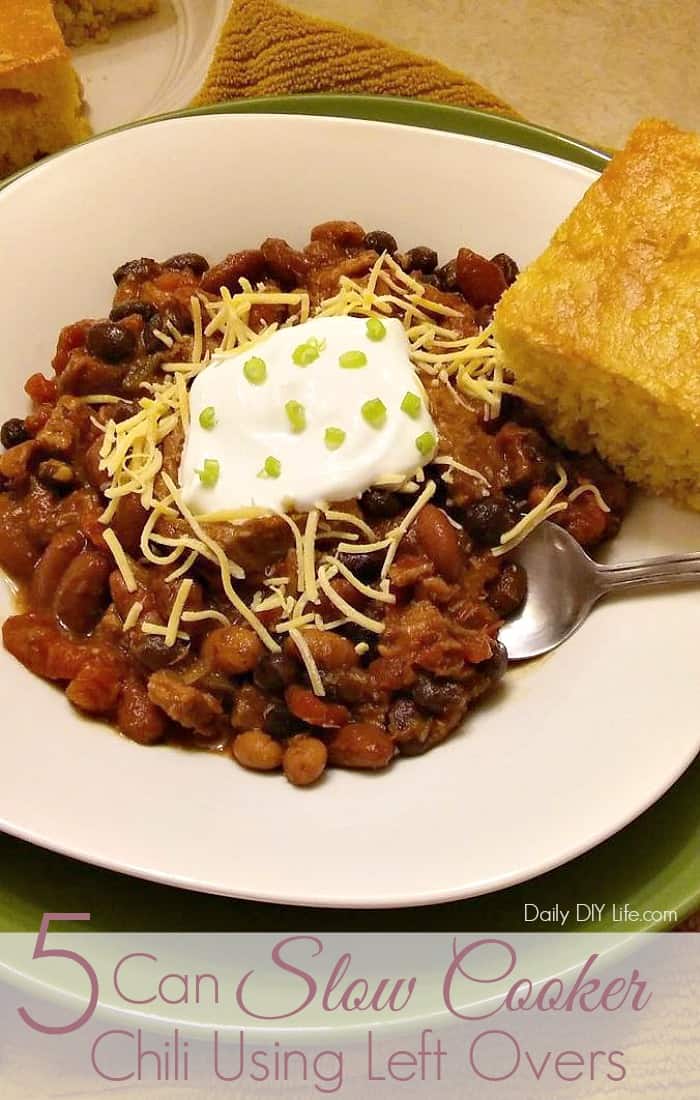 This 5 can Slow Cooker Chili is the perfect meal for cold, busy weeknights. Use up your leftovers to make it quick and simple. A delicious Round 2 recipe! 