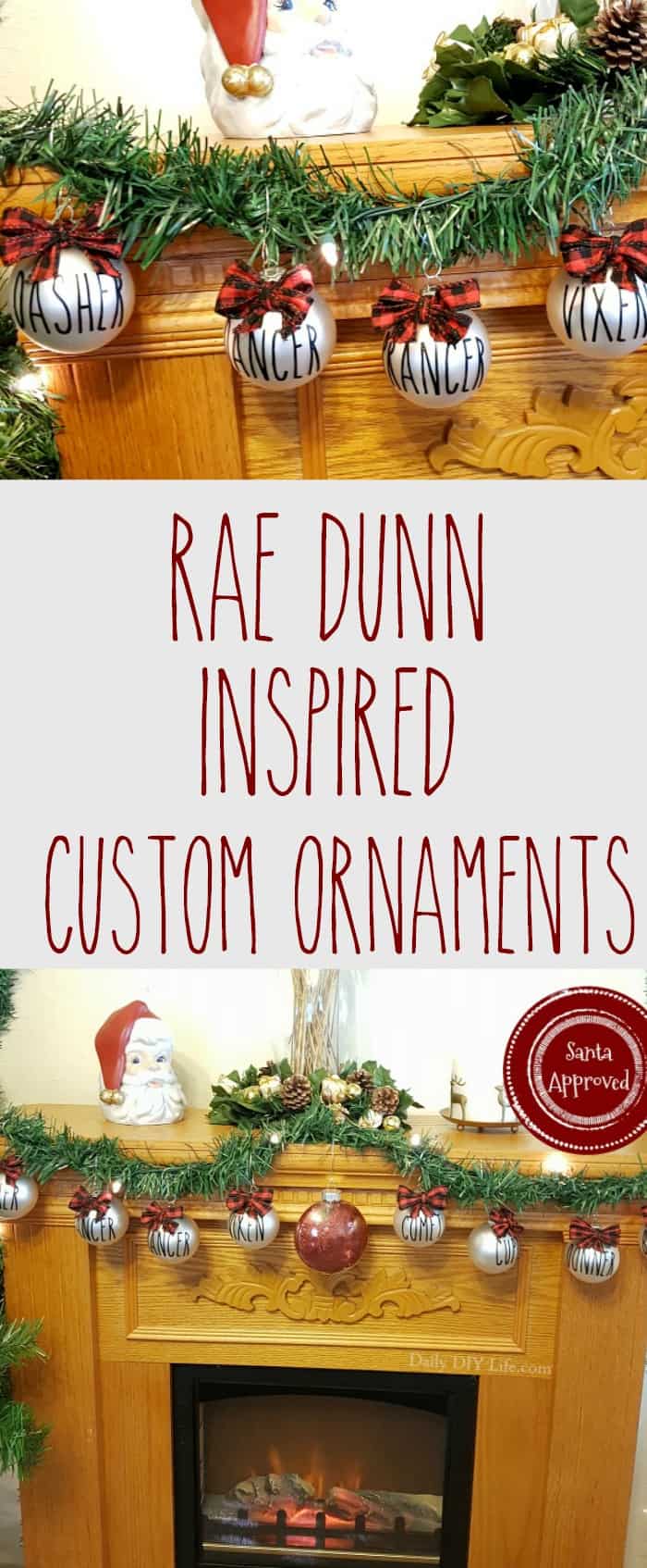 Rae Dun Inspired Custom Ornaments. Rudolph and his 8 tiny reindeer, displayed beautifully along my fireplace mantel. Buffalo plaid bows add just the right amount of Country Christmas style to complete the look. #Christmas #DIYChristmas #RaeDunnInspired #CustomOrnaments