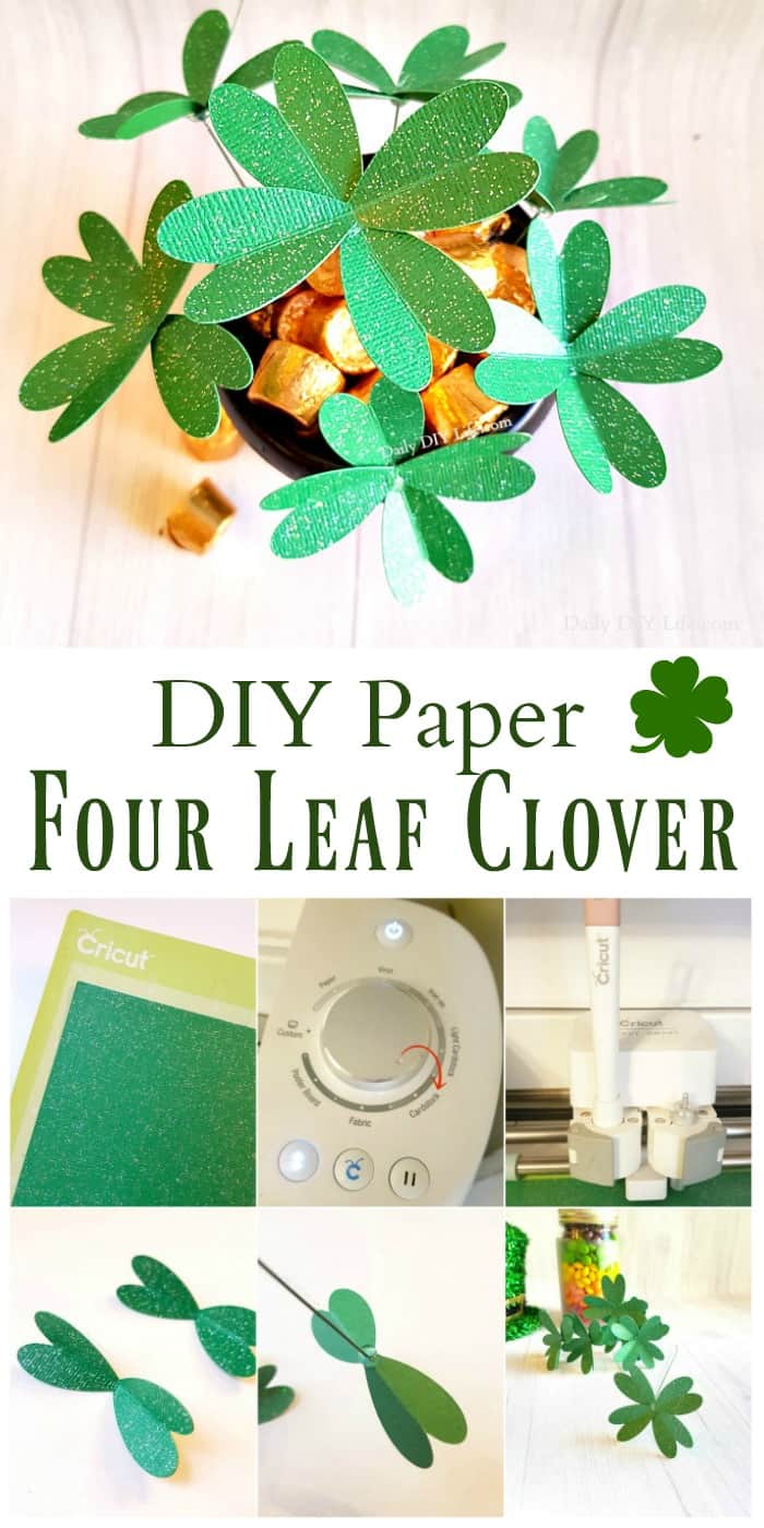 Looking for an Easy Cricut Craft for St. Patricks Day? These adorable DIY Paper Four Leaf Clovers will add just the right touch to your decor or next craft project. A simple project for any Cricut machine. #CricutMade #EasyCricutCraft #StPatricksDayCraft #DIYPaperCrafts #Shamrocks #FourLeafClover #FourLeafCloverCrafts #EasyPaperCrafts #EasyHolidayCrafts