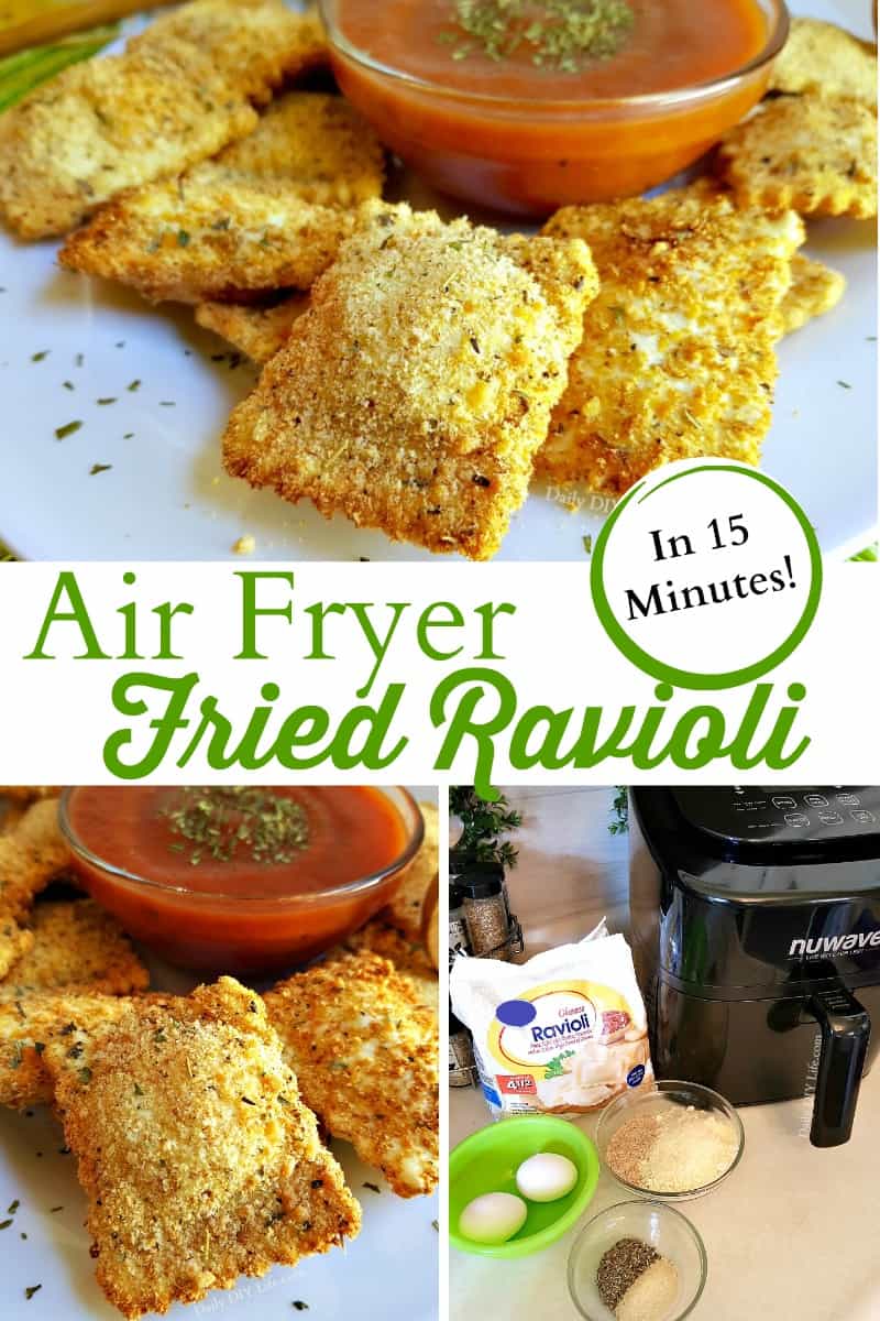 plate of  air fryer ravioli in air fryer pinterest pin