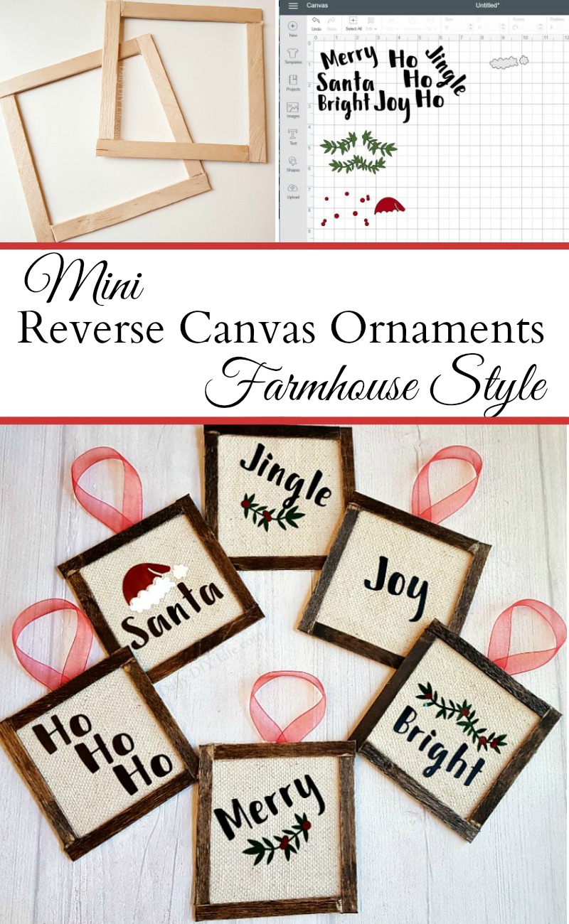 Add a touch of farmhouse style to your holiday decor with these easy to assemble Mini Reverse Canvas Ornaments. Using your Cricut cutting machine and a few supplies you probably already have around the house, you can put these adorable ornaments together in no time. They are completely customizable too! #CraftAndCreateWithCricut #CricutMade #Cricut #DIYChristmas #ChristmasOrnaments #DIYChristmasOrnaments #FarmhouseChristmas