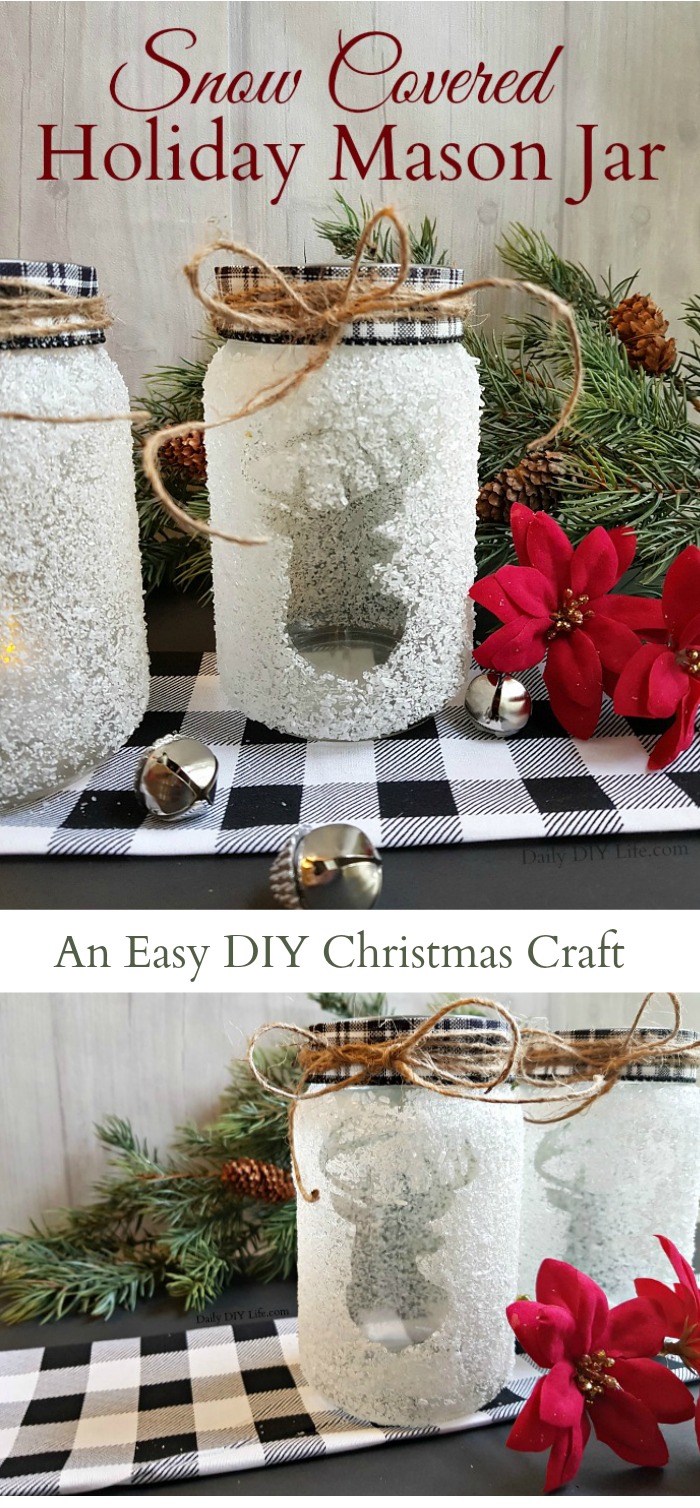 A little bit rustic, a little bit glitzy. This super simple DIY Snow Covered Holiday Mason Jar will fit just right on your mantle or in the center of your table. Mix and match with your favorite holiday shapes or characters to match your decor. Even the kids can get in on this festive and easy christmas craft. #ChristmasCrafts #MasonJarCrafts #HolidayMasonJar #DIYCrafts #DIYChristmas #MasonJarChristmas #Cricut #CricutMade