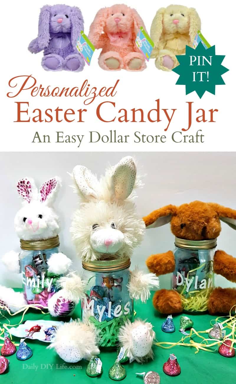 If you are looking for a fun and quick DIY Easter gift idea, I have the perfect project for you. Personalized Easter bunny candy jars will be the star of any basket. My favorite part is that you can find all of your supplies at the Dollar Tree, and putting it together takes just minutes.#MasonJarCrafts #EasterCrafts #DIYEasterCraft #EasterBunnyIdeas #HolidayCraftIdeas