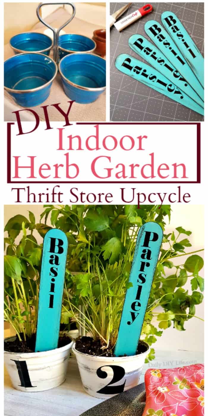 This farmhouse style Indoor Herb Garden is just right for any kitchen. It doesn't get much better than having your own fresh herbs to cook with. You might be surprised just how easy it is to create your own using thrift store finds and a pre-potted herb plants from your local grocery store. #Sponsored #StyleTechCraft #StyleTech #VinylCraft #DIYVinylCraft #Cricut #CricutMade #FarmhouseDIY #FarmhouseDecor #HerbGardenDIY #Gardening #Cooking