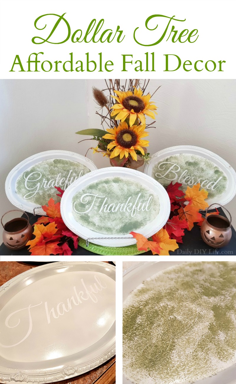 Affordable fall decor using everyday items you can find at any dollar tree is not only smart but it can also be elegant and beautiful. These fun and festive wall plates are the perfect way to decorate your home for fall on a budget. If you like a good Dollar Store DIY, you are going to love this project. #FallDecor2019 #DollarStoreFallDecor #DollarTreeCrafts #DollarStoreCrafts #CricutMade #Cricut #FallCricutCrafts #AffordableHomeDecor