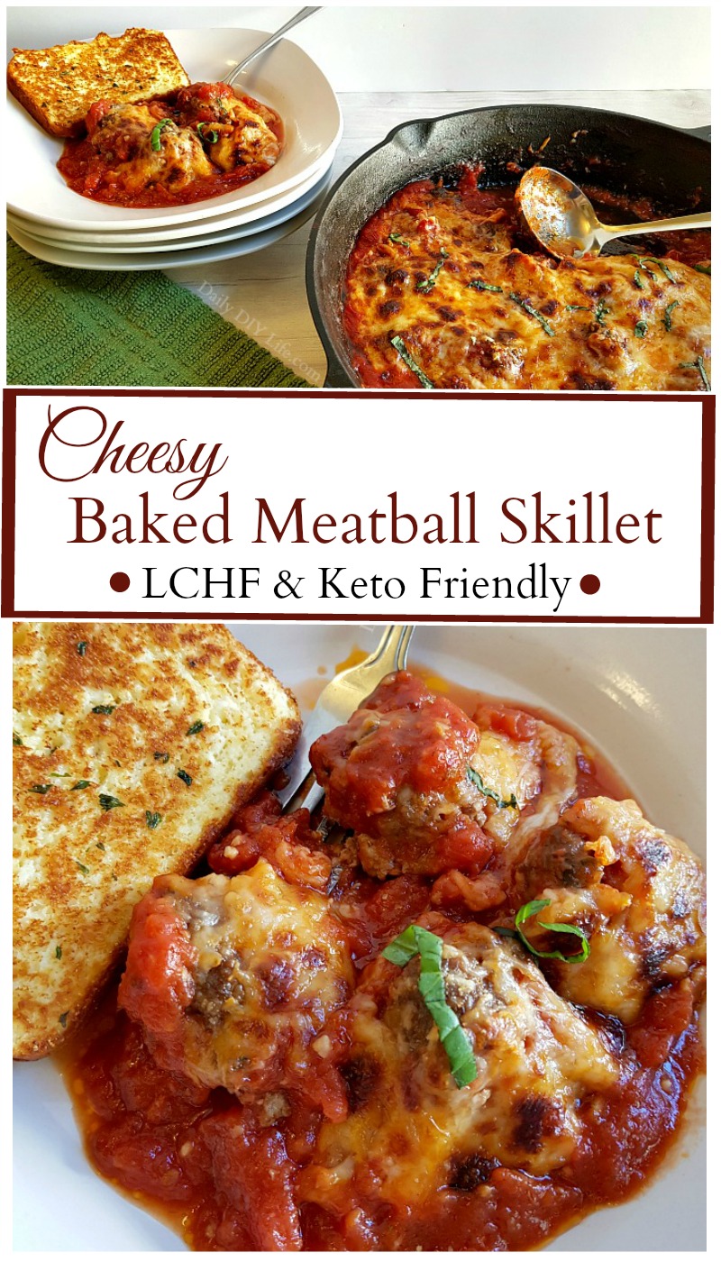 Smothered in a savory homemade marinara sauce, these cheesy baked meatballs are full of flavor and a satisfying keto friendly dinner. Paired with a fresh green salad or low carb bread for a complete meal. With the right ingredients, low carb high-fat cooking doesn't have to be boring or complicated. #LCHF #Keto #KetoRecipes #KetoCooking #EasyKetoMeals #SkilletMeals
