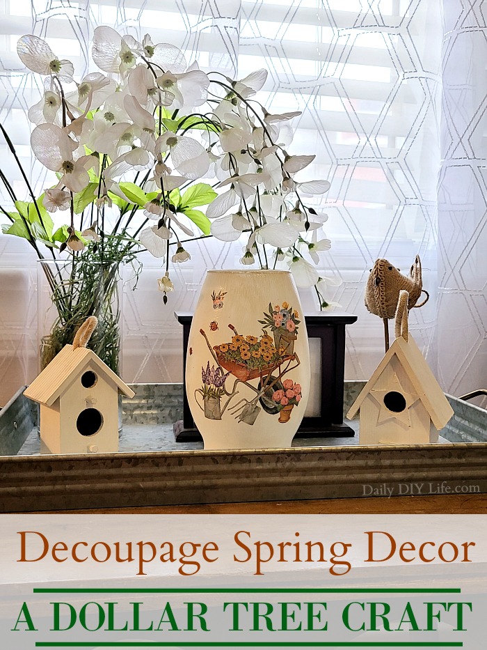 If you love simple yet beautiful spring decor ideas, you are going to love this quick decoupage project using colorful spring napkins from the dollar tree. Adding fun, bright florals to your home doesn't have to cost a lot of money. You can find everything you need to make this super fun decoupage spring vase right at your local dollar tree. #DollarTreeCrafts #SpringDollarTreeDecor #DollarTreeDecor #SpringCrafts #FloralDecor #EasyDecoupage #SpringDecor #FloralCrafts