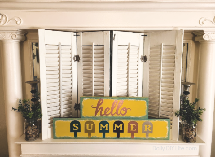 Add a splash of color to your seasonal decor with this fun, bright Summer sign made from scrap wood and your Cricut cutting machine. An easy Cricut project just in time for summer crafting. Polished Metal vinyl from StyleTech Craft gives this piece a little extra shimmer. #Sponsored #StyleTechCraft #StyleTechCraftVinyl #StyleTech #SummerCrafts #DIYSummerCraft #PolishedMetalVinyl #CricutMade #CricutSummerDIY