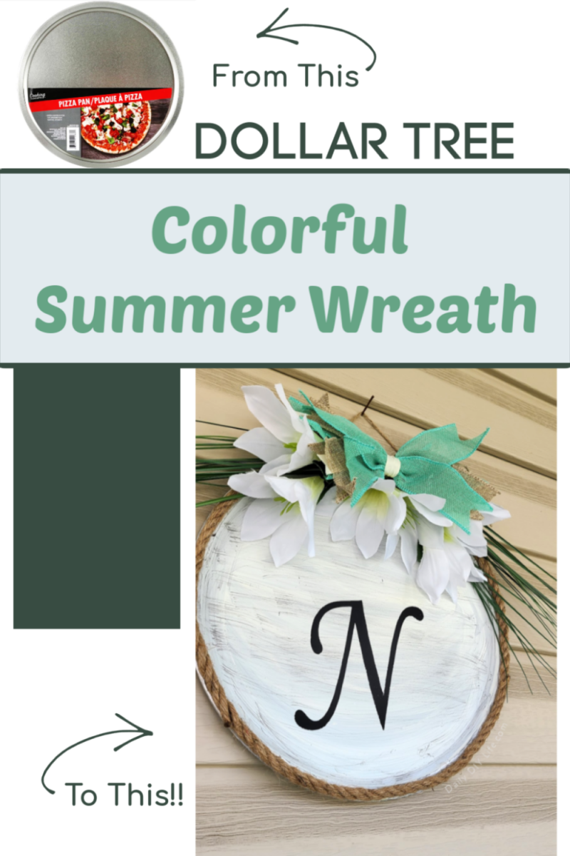Add this colorful Dollar Tree Summer Wreath to your front door or outside decor. For a fun twist on the traditional wreath, use unconventional materials like this metal pizza pan. Beautiful silk flowers and bright colored ribbon also found at the Dollar Tree take this wreath from average to spectacular. #DollarStoreDivas #DollarStoreCrafts #SummerDollarTreeCrafts #DollarTreeSummer #SummerCrafting #SummerDIY #DollarTreeCrafts