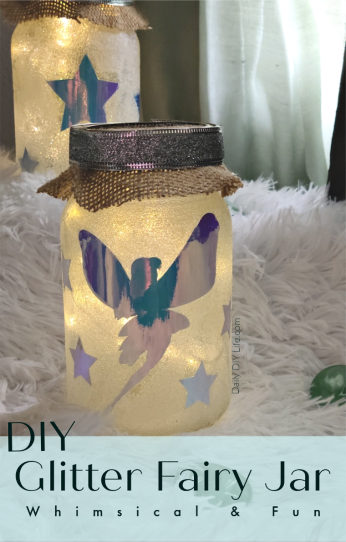 Whimsical DIY Glitter Fairy Jars have just the right amount of twinkle and imagination. We used Opal Vinyl for the accents so these glitter fairy jars look wonderful during the day as well as sparkle and shine all through the night. A fairy nightlight perfect for any room or campsite. Use a battery-operated set of twinkle lights, and you can take it anywhere, anytime. #Sponsored #Styletechcraftvinyl #StyleTechCraft #OpalVinyl #DIYGlitter #FairyCrafts #GlitterCrafts #DIYFairyGarden