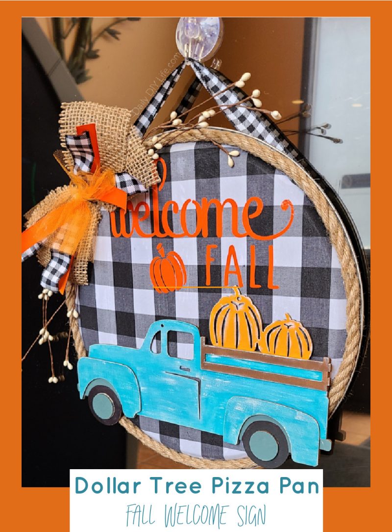 This super fun Dollar Tree Pizza Pan Fall Welcome Sign is the perfect quick craft for a chilly fall day. Vibrant colors and trendy buffalo check fabric are the stars of this easy pizza pan craft. If you are a fan of the farmhouse decor style, you can change up the colors to match your already existing home decor. You can find almost all of the supplies right at your local Dollar Tree for this fun Fall craft project. #DollarStoreDivas #DollarTreeCrafts #DollarTree #CricutMade #Cricut #FallCrafts #PizzaPanCrafts #BuffaloCheckCrafts #FallBuffaloCheck