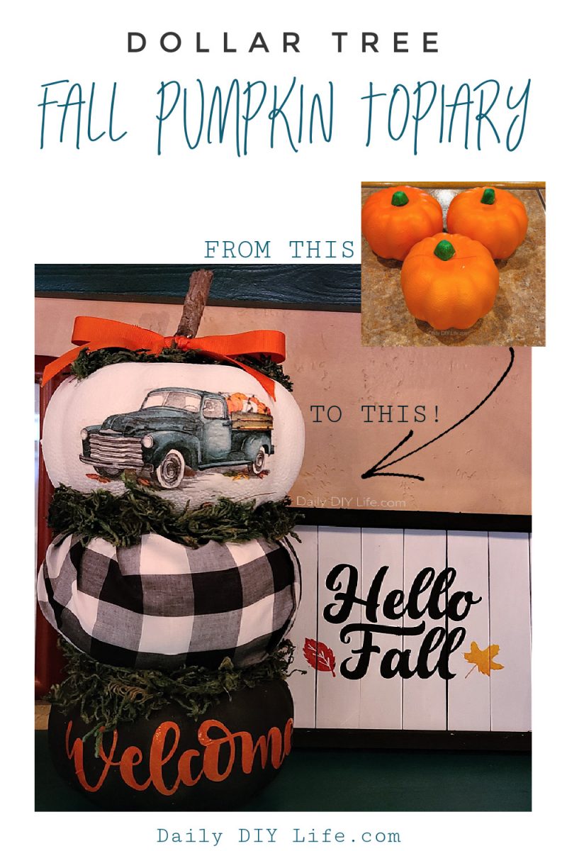 A touch of farmhouse for your decor with this beautiful Buffalo Check Fall Pumpkin Topiary. An easy DIY using foam pumpkins from the Dollar Tree, stunning glossy craft vinyl from StyleTech Craft, and a gorgeous harvest vintage truck decoupaged napkin. A simple fall decor DIY with stunning results. #sponsored #styletechcraft #StyleTech #CricutMade #Cricut #DollarTreeCrafts #FallDollarTree #BuffaloCheckFall #BuffaloCheck #PumpkinCrafts #FoamPumpkinDIY