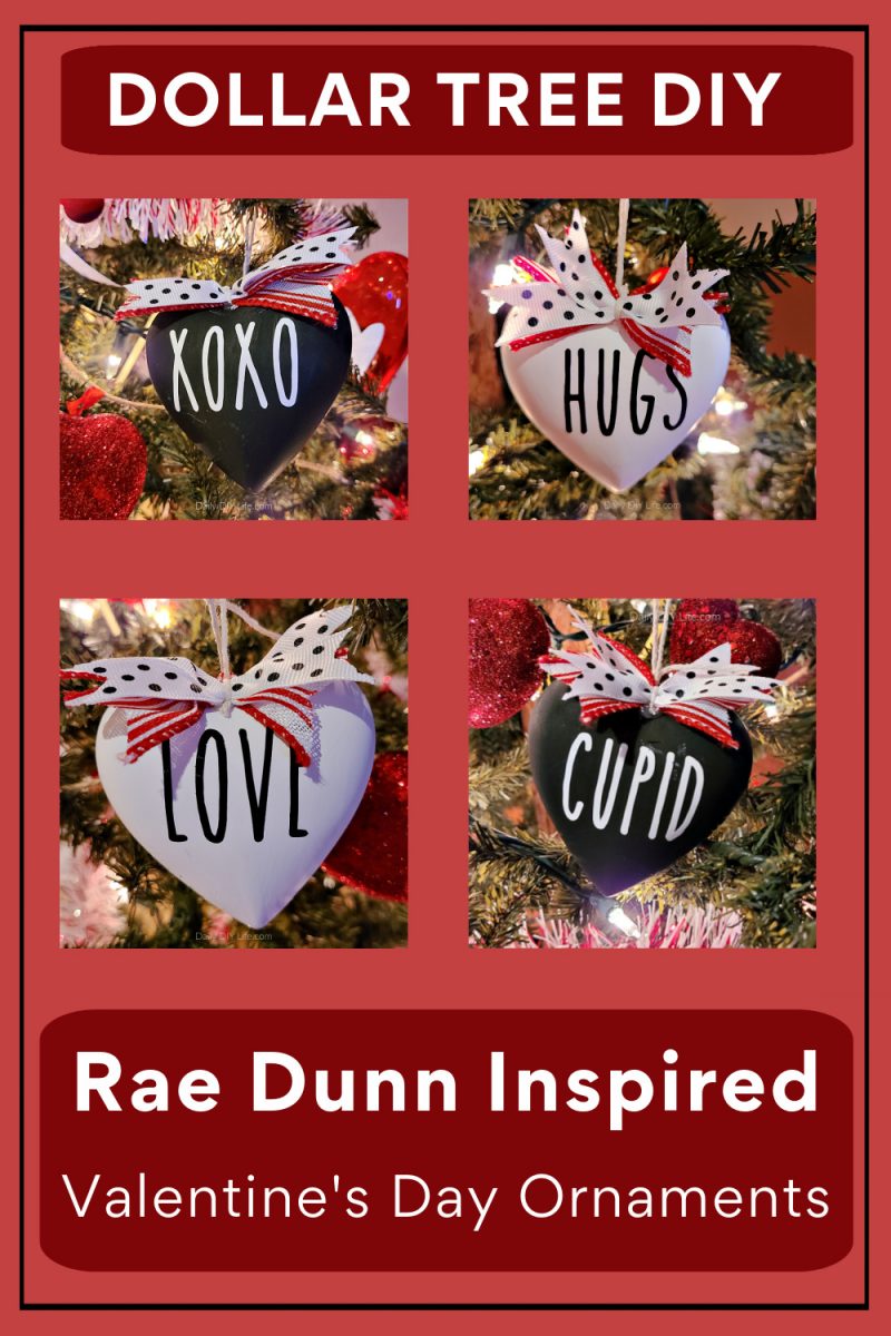 If you are a fan of the adorable and super trendy Rae Dunn Decor, you are going to love these DIY Dollar Tree Valentine's Day Ornaments. Using items from your local Dollar Tree, you can personalize just about anything. With a little paint and some vinyl cut with your Cricut, you can have these fun Valentine's Day Ornaments done in no time. #DollarTreeDivas #DollarTreeCrafts #CricutMade #Cricut #RaeDunnInspired #ValentinesDaysDollarTree #DollarTreeDIY 