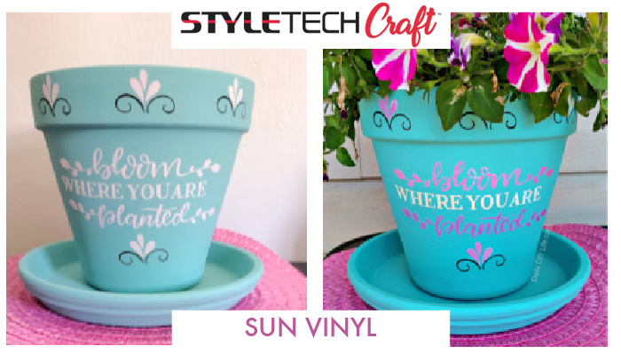 Sun changing vinyl is part of StyleTech Craft's new line of exciting and fun vinyl products. Activated by the sun's UV rays, you can turn an ordinary piece into a fun and exciting piece you will be proud to show off all day long. This bright, outdoor planter is the perfect piece to show off the colorful sun vinyl in all its beauty! #sponsored #StyleTechCraft #SunChangingVinyl #cricutmade #DIYCricut #DIYSummerCrafts #OutDoorDIY #Cricut