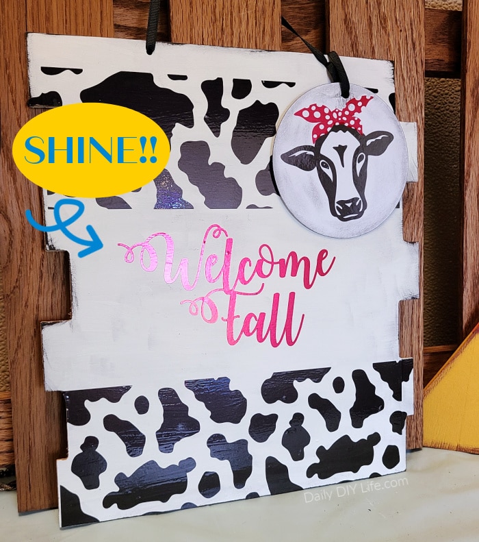 If you are looking for a fun, unique Fall Door Hanger, this adorable cow print welcome sign just may do the trick. With supplies from StyleTech Craft and the dollar tree, this cute cow print welcome sign can be put together in no time. #sponsored #StyleTechCraft #Cricutmade #cricut #MetalizedVinyl #cowprint #FallDIY #DollarTreeCrafts #FallDecor