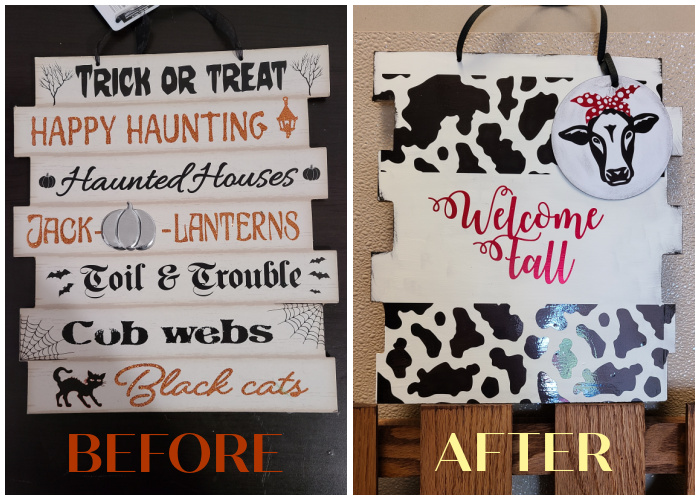 If you are looking for a fun, unique Fall Door Hanger, this adorable cow print welcome sign just may do the trick. With supplies from StyleTech Craft and the dollar tree, this cute cow print welcome sign can be put together in no time. #sponsored #StyleTechCraft #Cricutmade #cricut #MetalizedVinyl #cowprint #FallDIY #DollarTreeCrafts #FallDecor