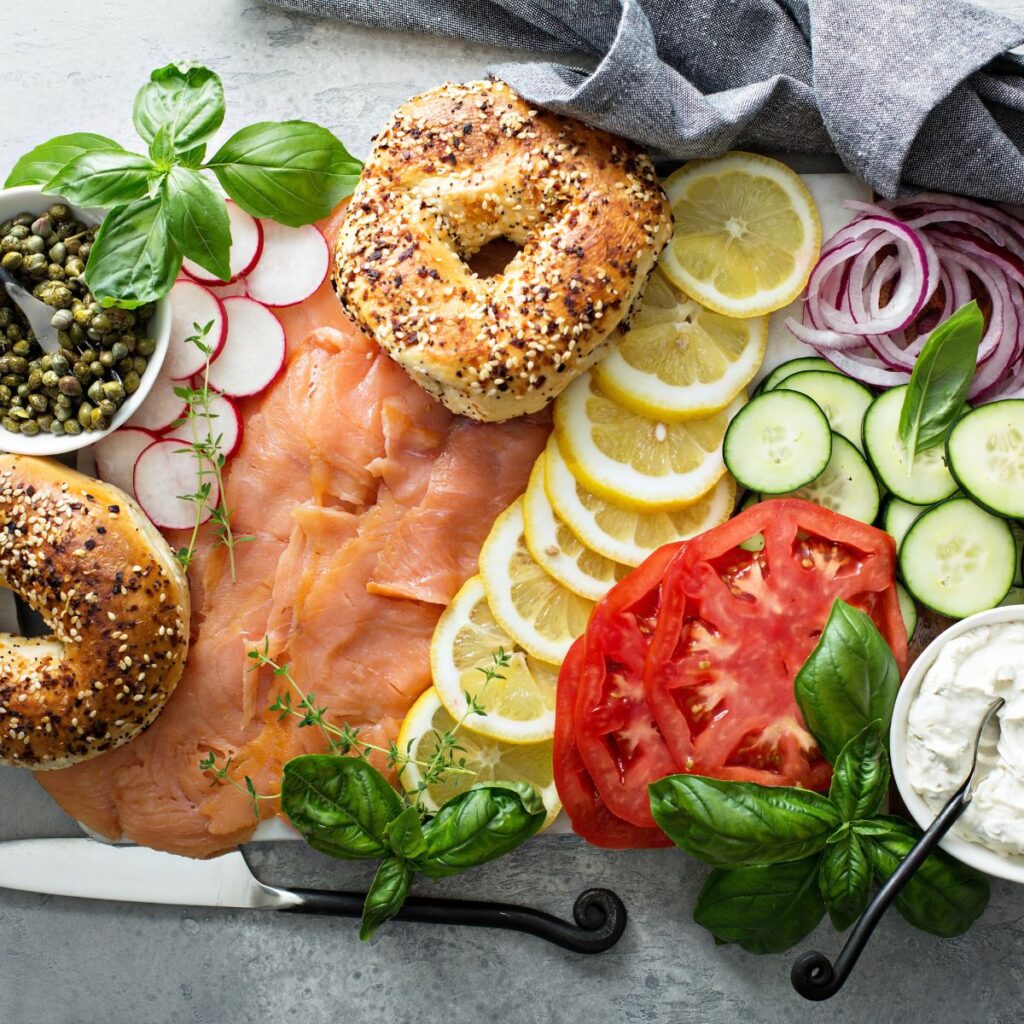 breakfast charcuterie board with lox and bagels