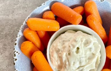 lawson's chip dip in blue bowl with baby carrots