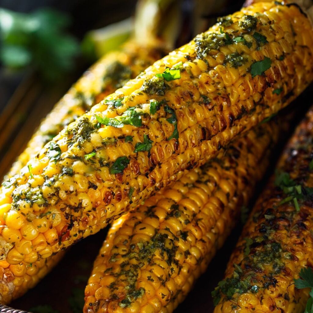 close up of smoked corn on the cob