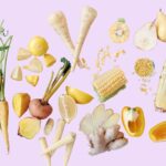 collage of different yellow foods on lavender background