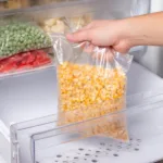 bag of corn being placed in freezer