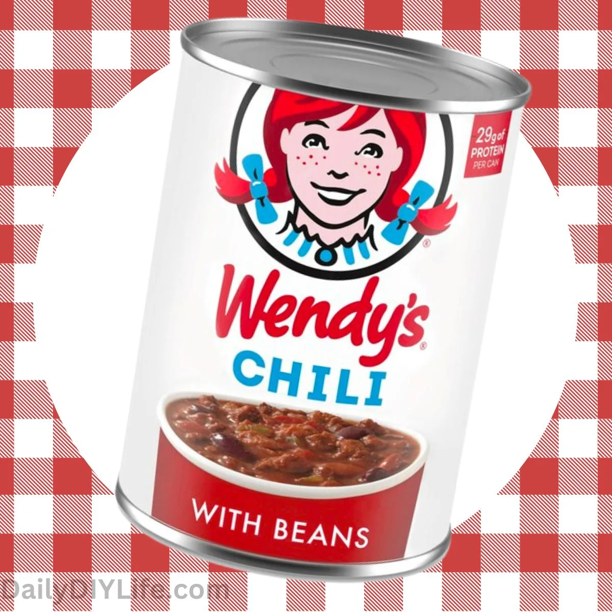 can of wendy's chili on a checked background