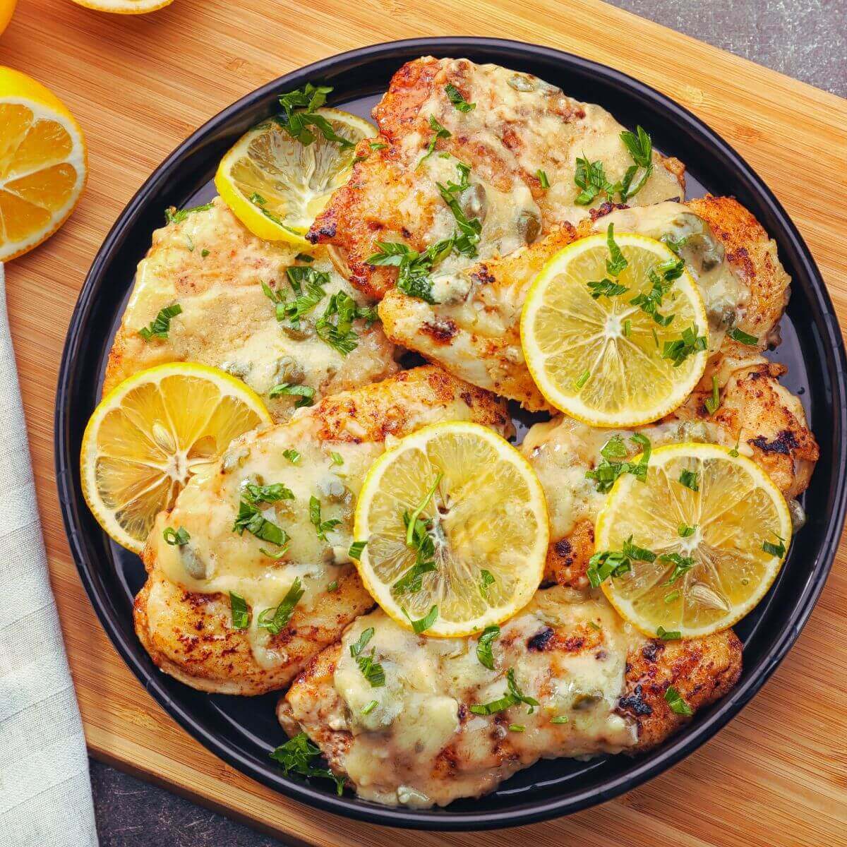 plate of chicken piccata with lemons