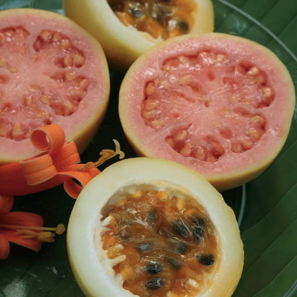 sliced open guava and passion fruit