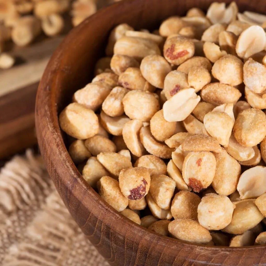 closeup of a bowl of dry roasted peanuts