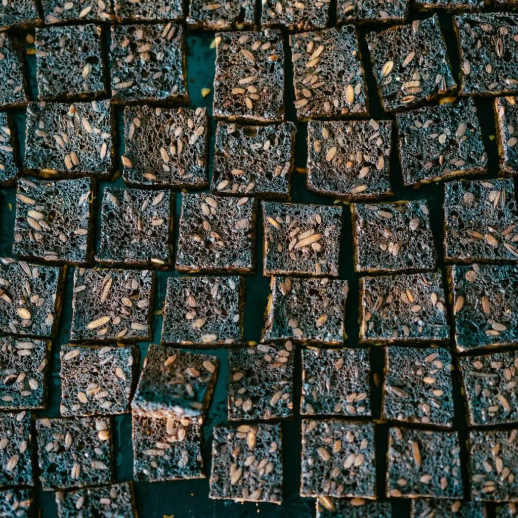 cubed pieces of black bread