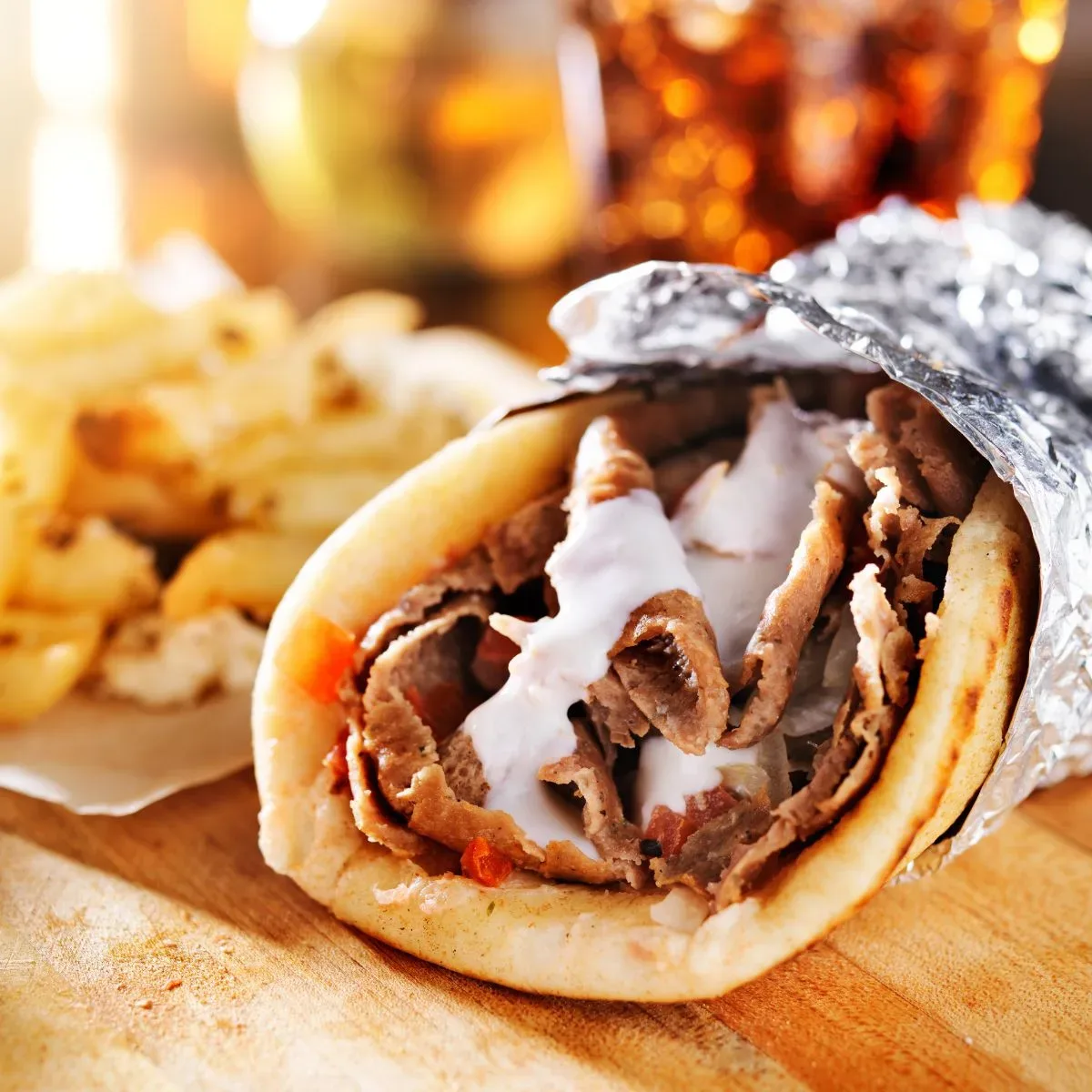 closeup of a sliced lamb gyro