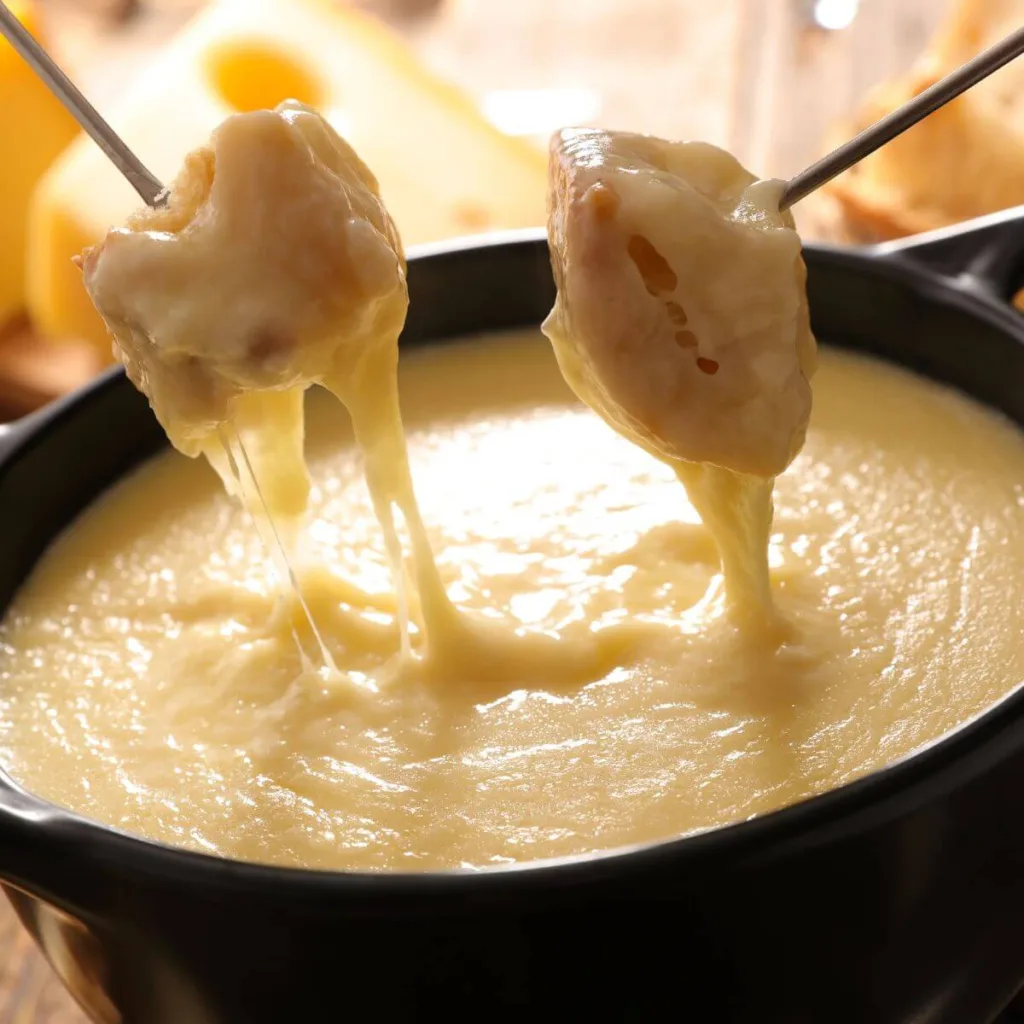 bread being dipped in fondue