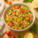 Colorful chickpea pasta salad in a bowl showing how to save money at the grocery store this summer